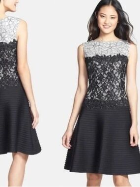 TADASHI SHOJI Lace Bodice A-Line Dress Navy Cream Sz 6